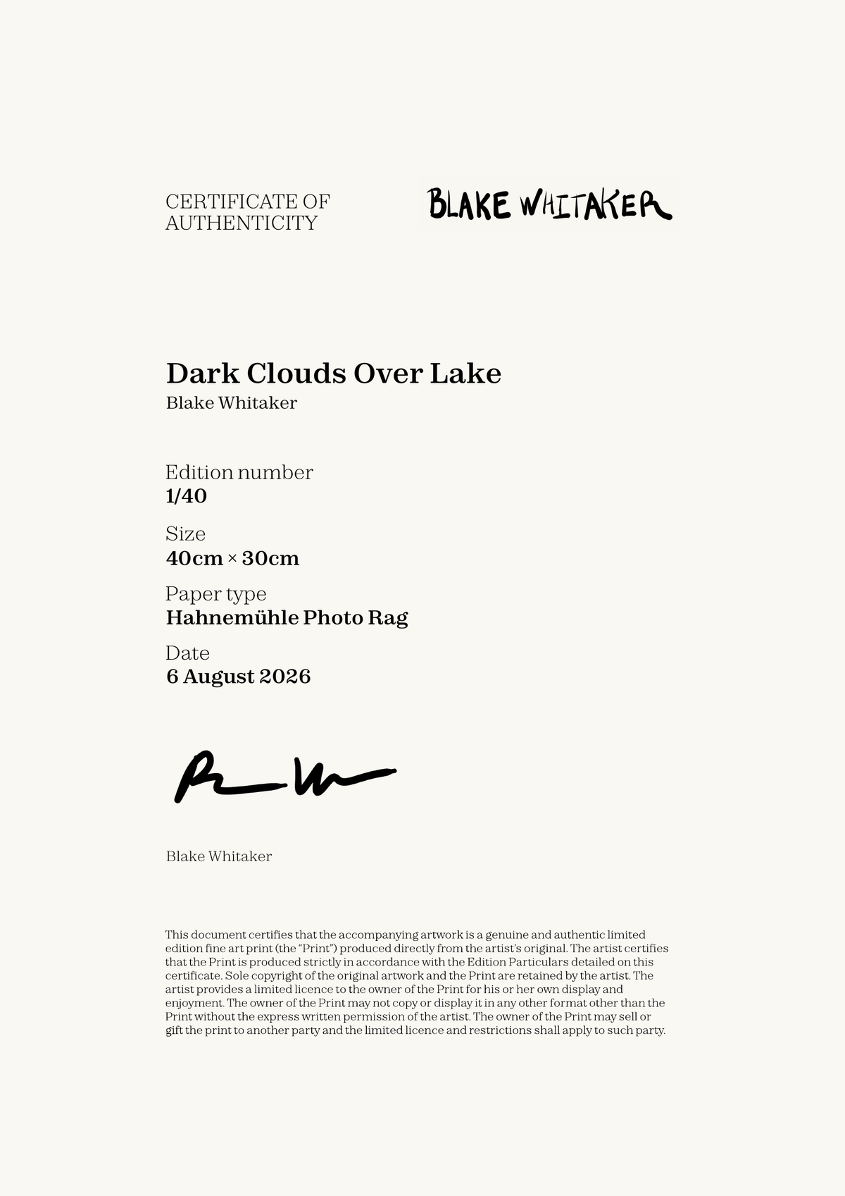 Dark Clouds Over Lake — Certificate of Authenticity