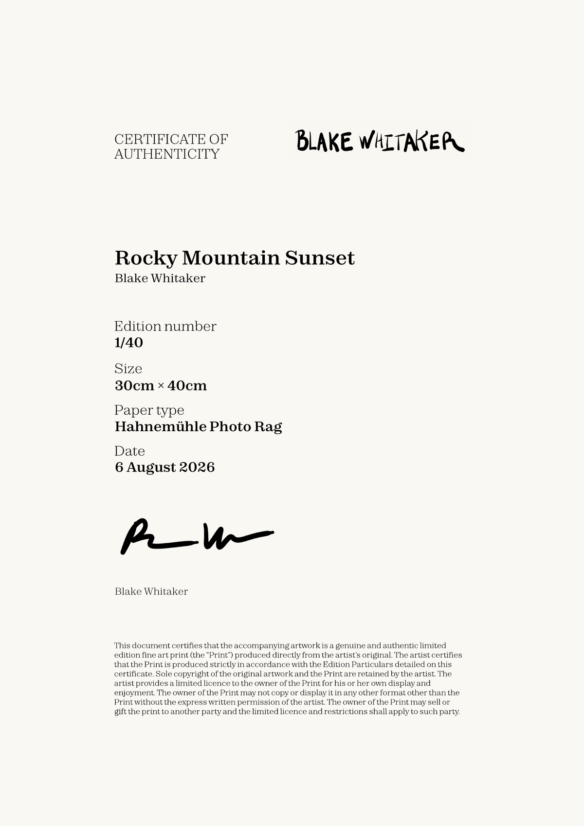 Rocky Mountain Sunset — Certificate of Authenticity