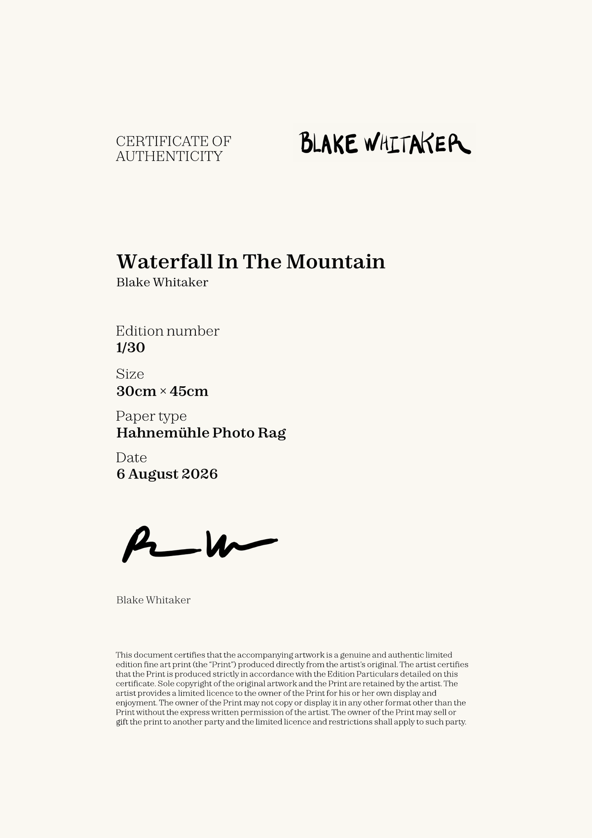 Waterfall In The Mountain — Certificate of Authenticity